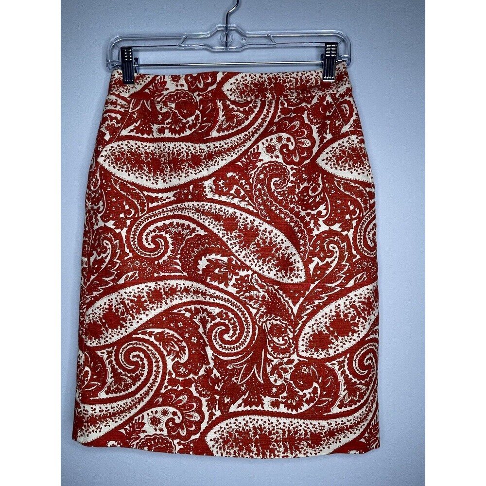 $118 J CREW Orange Gold White Cream Multi Floral Paisley Print Pencil Skirt Sz 0